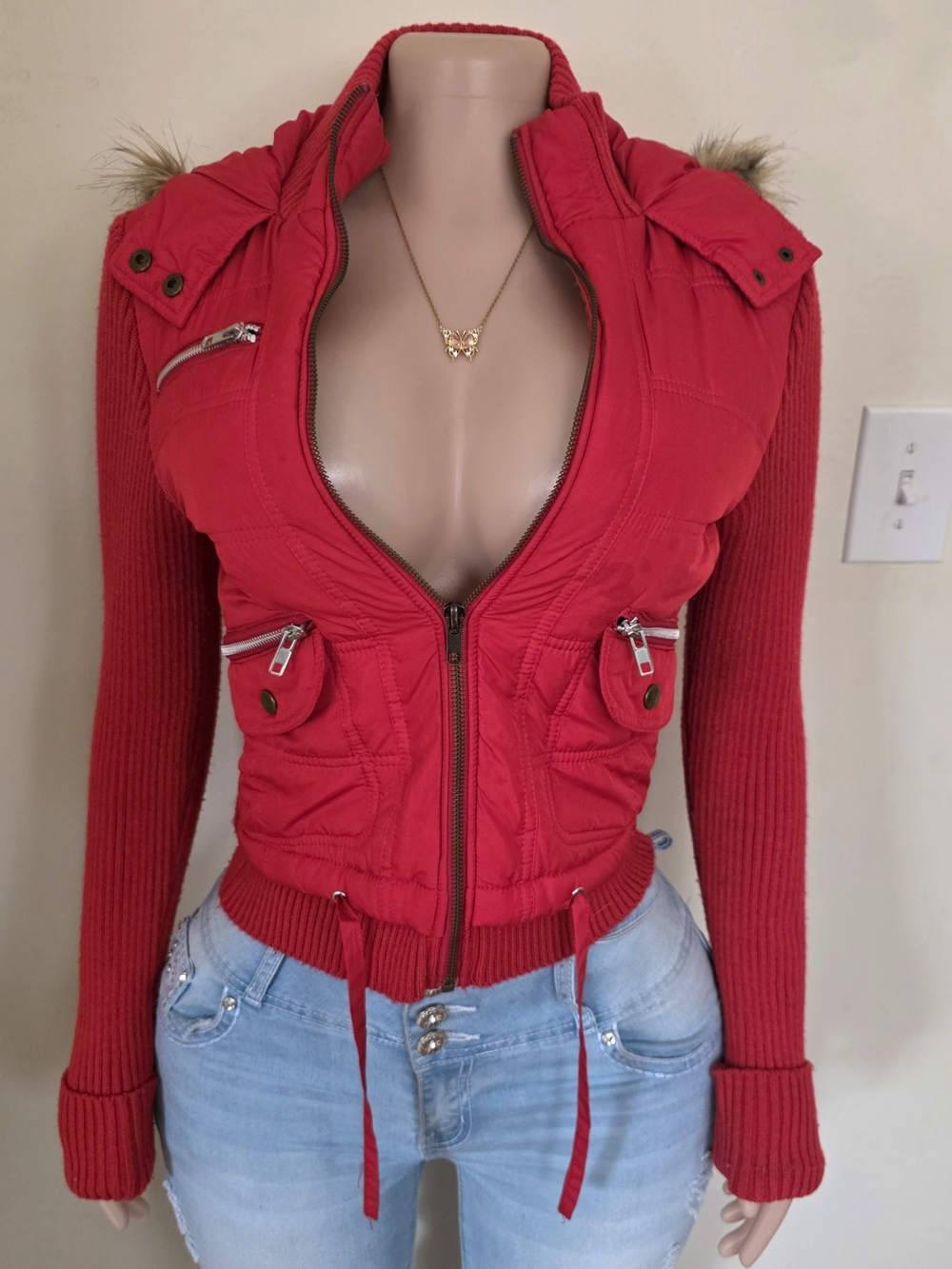 Wet Seal Red Fitted Hooded Jacket with Knit Sleeves